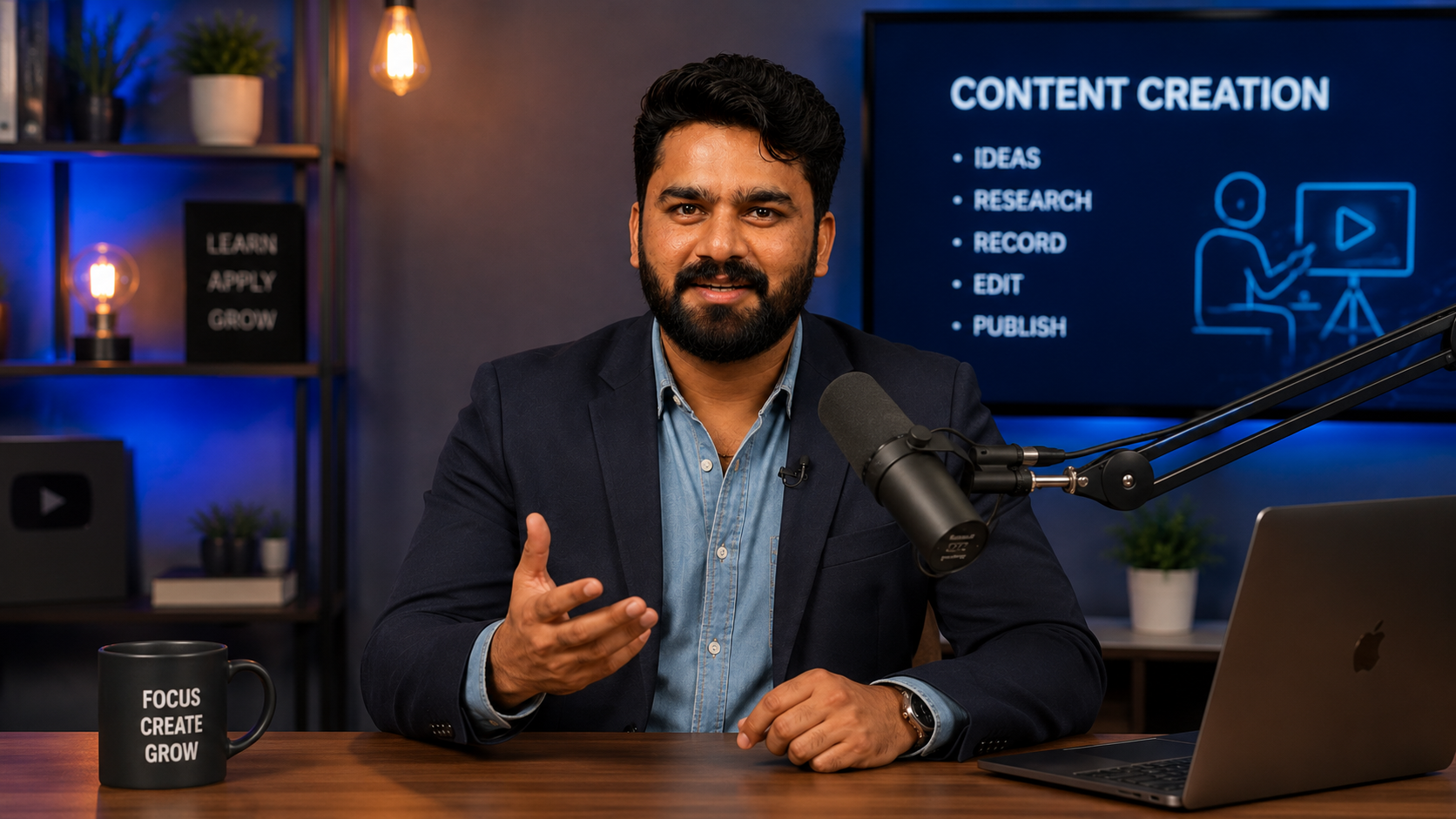 Content creation studio with podcast setup